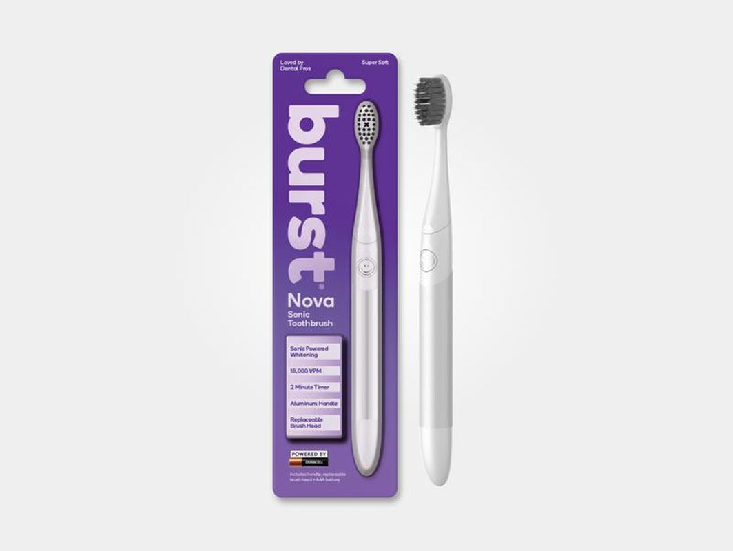 BURST Nova Sonic Toothbrush - Oral Care, Daily Use, 18,000 Vpm,Whitening Mode, AAA Battery, Aluminum Handle,